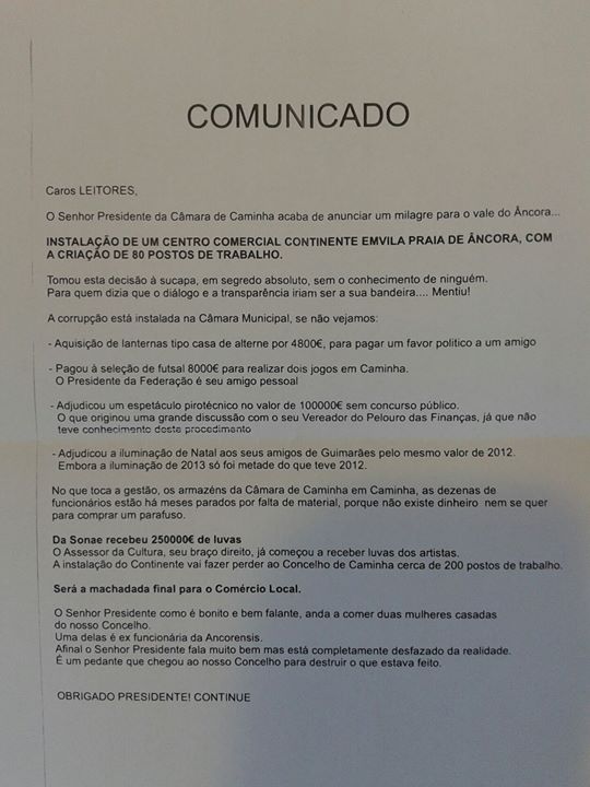 O suposto "comunicado" (via Notícias de Caminha)