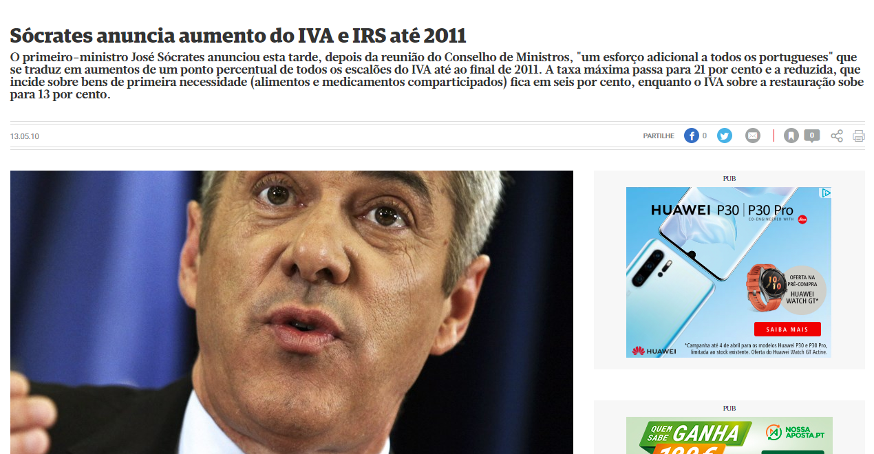 Sócrates anuncia aumento do IVA e IRS até 2011 Política Correio da Manhã