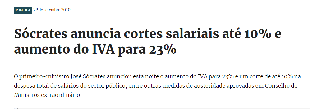 Sócrates anuncia cortes salariais até 10 e aumento do IVA para 23